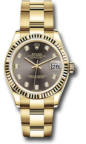 Rolex Yellow Gold Datejust 31 Watch - Fluted Bezel - Dark Grey Diamond Dial - Oyster Bracelet 278278 dkgdo