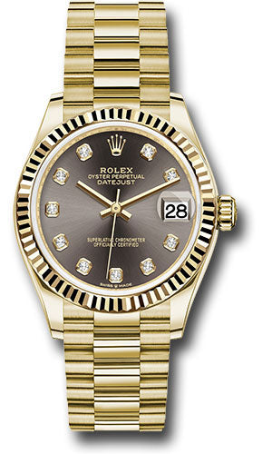 Rolex Yellow Gold Datejust 31 Watch - Fluted Bezel - Dark Grey Diamond Dial - President Bracelet 278278 dkgdp