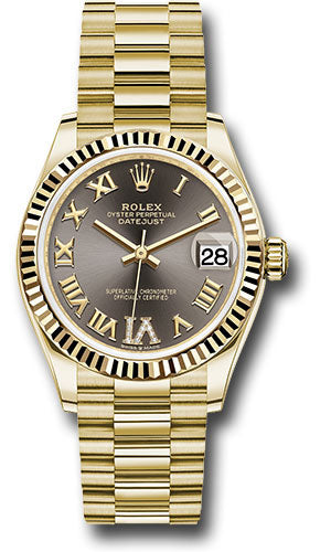 Rolex Yellow Gold Datejust 31 Watch - Fluted Bezel - Dark Grey Diamond Six Dial - President Bracelet 278278 dkgdr6p