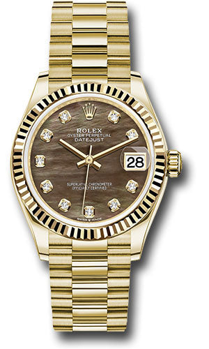 Rolex Yellow Gold Datejust 31 Watch - Fluted Bezel - Dark Mother-of-Pearl Diamond Dial - President Bracelet 278278 dkmdp