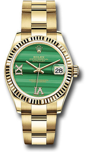 Rolex Yellow Gold Datejust 31 Watch - Fluted Bezel - Malachite Diamond Six and Nine Dial - Oyster Bracelet 278278 madr69o