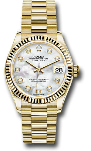 Rolex Yellow Gold Datejust 31 Watch - Fluted Bezel - Mother-of-Pearl Diamond Dial - President Bracelet 278278 mdp