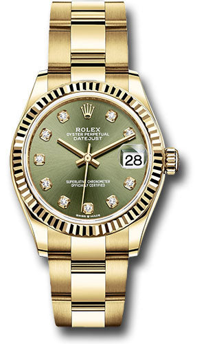 Rolex Yellow Gold Datejust 31 Watch - Fluted Bezel - Olive Green Diamond Dial - Oyster Bracelet 278278 ogdo