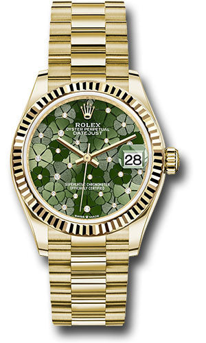 Rolex Yellow Gold Datejust 31 Watch - Fluted Bezel - Olive Green Floral Motif Diamond 6 Dial - President Bracelet 278278 ogflomdp