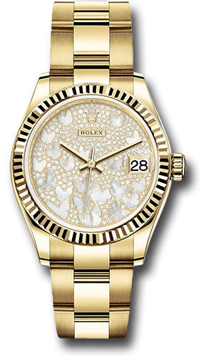 Rolex Yellow Gold Datejust 31 Watch - Fluted Bezel - Paved Mother-of-Pearl Butterfly Dial - Oyster Bracelet 278278 pmopbo