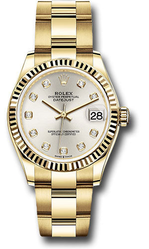 Rolex Yellow Gold Datejust 31 Watch - Fluted Bezel - Silver Diamond Dial - Oyster Bracelet 278278 sdo