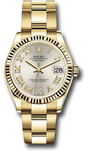 Rolex Yellow Gold Datejust 31 Watch - Fluted Bezel - Silver Diamond Six Dial - Oyster Bracelet 278278 sdr6o