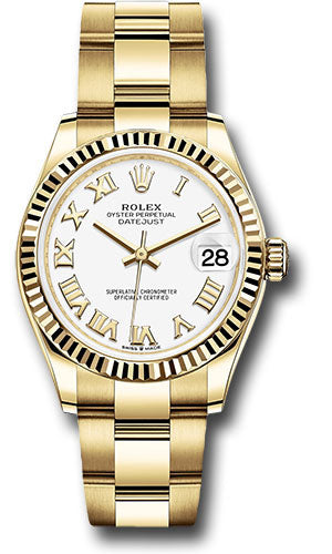 Rolex Yellow Gold Datejust 31 Watch - Fluted Bezel - White Roman Dial - Oyster Bracelet 278278 wro