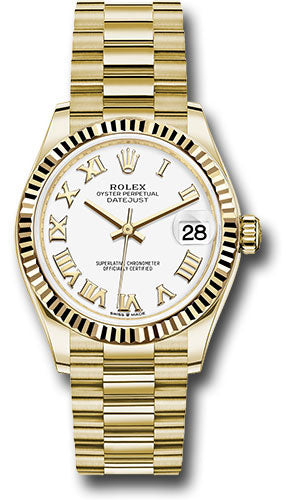 Rolex Yellow Gold Datejust 31 Watch - Fluted Bezel - White Roman Dial - President Bracelet 278278 wrp