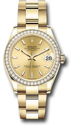 Rolex Yellow Gold Datejust 31 Watch - Diamond Bezel - Champagne Index Dial - Oyster Bracelet 278288RBR chio