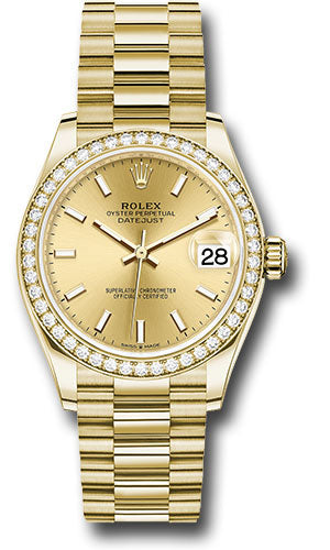 Rolex Yellow Gold Datejust 31 Watch - Diamond Bezel - Champagne Index Dial - President Bracelet 278288RBR chip