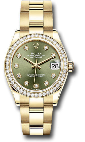 Rolex Yellow Gold Datejust 31 Watch - Diamond Bezel - Olive Green Diamond Dial - Oyster Bracelet 278288RBR ogdo