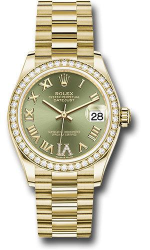 Rolex Yellow Gold Datejust 31 Watch - Diamond Bezel - Olive Green Diamond Six Dial - President Bracelet 278288RBR ogdr6p