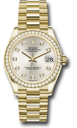 Rolex Yellow Gold Datejust 31 Watch - Diamond Bezel - Silver Diamond Dial - President Bracelet 278288RBR sdp