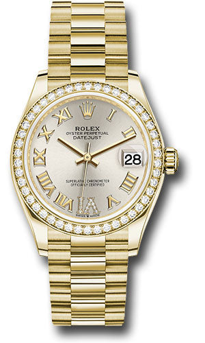 Rolex Yellow Gold Datejust 31 Watch - Diamond Bezel - Silver Diamond Six Dial - President Bracelet 278288RBR sdr6p