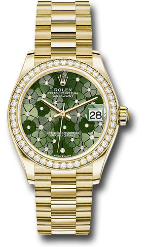 Rolex Yellow Gold Datejust 31 Watch - Diamond Bezel - Olive Green Floral Motif Diamond 6 Dial - President Bracelet 278288rbr ogflomdp