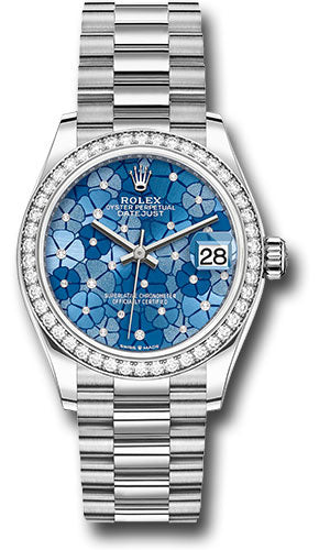 Rolex White Gold Datejust 31 Watch - Diamond Bezel - Azzurro Blue Floral Motif Diamond Dial - President Bracelet 278289rbr azflomdp