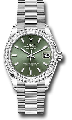 Rolex White Gold Datejust 31 Watch - Diamond Bezel - Mint Green Index Dial - President Bracelet 278289rbr mgip