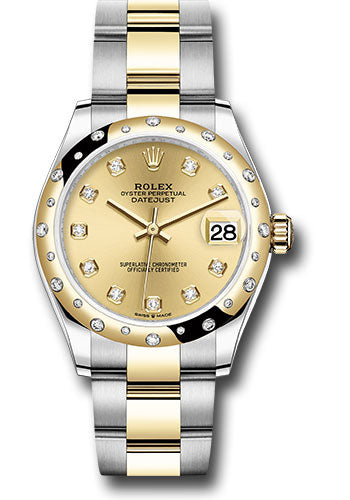 Rolex Steel and Yellow Gold Datejust 31 Watch - Domed Diamond Bezel - Champagne Diamond Dial - Oyster Bracelet 278343 chdo