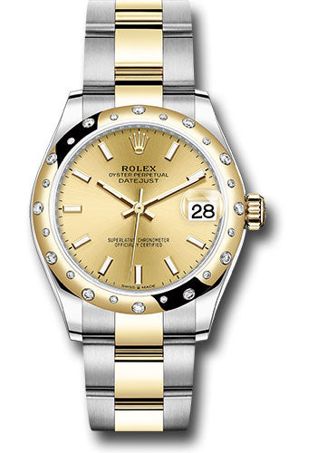 Rolex Steel and Yellow Gold Datejust 31 Watch - Domed Diamond Bezel - Champagne Index Dial - Oyster Bracelet 278343 chio