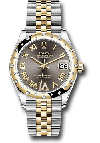 Rolex Steel and Yellow Gold Datejust 31 Watch - Domed Diamond Bezel - Dark Grey Diamond Roman Six Dial - Jubilee Bracelet 278343 dkgdr6j