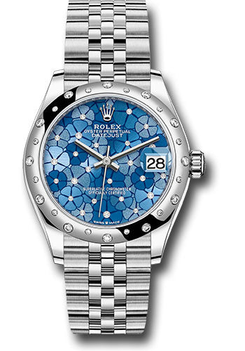 Rolex White Rolesor Datejust 31 Watch - Domed, Diamond Bezel - Azzurro Blue Floral Motif Diamond Dial - Jubilee Bracelet 278344rbr azflomdj