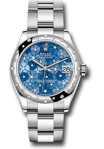 Rolex White Rolesor Datejust 31 Watch - Domed, Diamond Bezel - Azzurro Blue Floral Motif Diamond Dial - Oyster Bracelet 278344rbr azflomdo