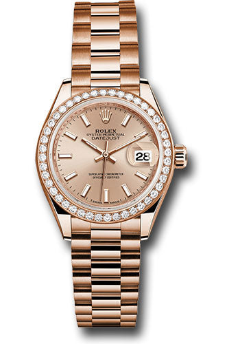 Rolex Everose Gold Lady-Datejust 28 Watch - 44 Diamond Bezel - Pink Sundust Index Dial - President Bracelet - 279135RBR pip