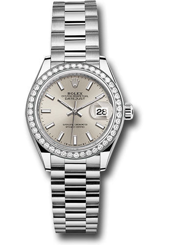 Rolex White Gold Lady-Datejust Watch - 44 Diamond Bezel - Silver Index Dial - President Bracelet - 279139rbr sip