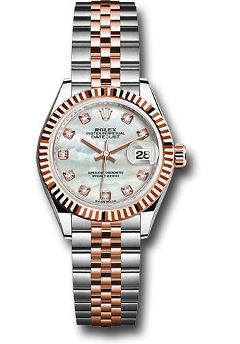 Rolex Steel and Everose Gold Rolesor Lady-Datejust 28 Watch - Fluted Bezel - White Mother-Of-Pearl Diamond Dial - Jubilee Bracelet - 279171 mdj