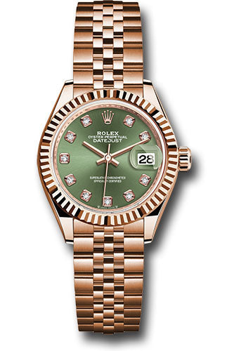 Rolex Rolex Everose Gold Lady-Datejust 28 Watch - Fluted Bezel - Olive Green Diamond Dial - Jubilee Bracelet - 279175 ogdj