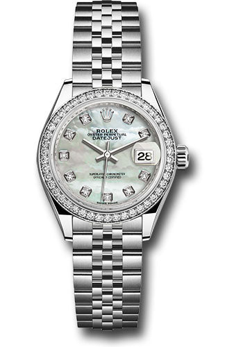 Rolex Steel and White Gold Rolesor Lady-Datejust 28 Watch - 44 Diamond Bezel - White Mother-Of-Pearl Diamond Dial - Jubilee Bracelet - 279384RBR mdj