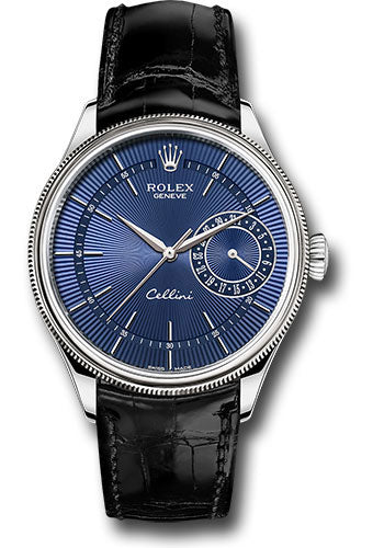 Rolex Cellini Date Watch - White Gold - Blue Dial - Black Leather Strap - 50519 blbk