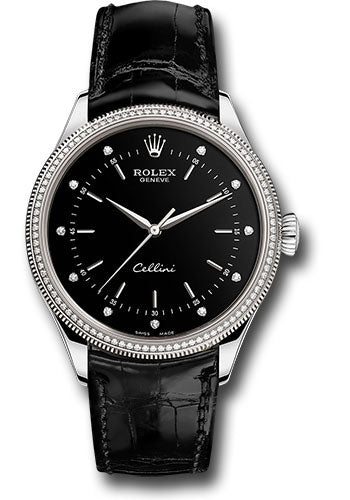 Rolex Cellini Time Watch - White Gold - Black Dial - Black Leather Strap - 50609RBR bkdbk