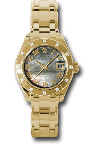 Rolex Yellow Gold Lady-Datejust Pearlmaster 29 Watch - 12 Diamond Bezel - Dark Mother-Of-Pearl Roman Dial - 80318 dkmr