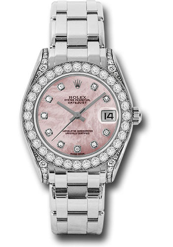 Rolex White Gold Datejust Pearlmaster 34 Watch - 34 Diamond Bezel - Pink Mother-Of-Pearl Diamond Dial - 81159 pmd