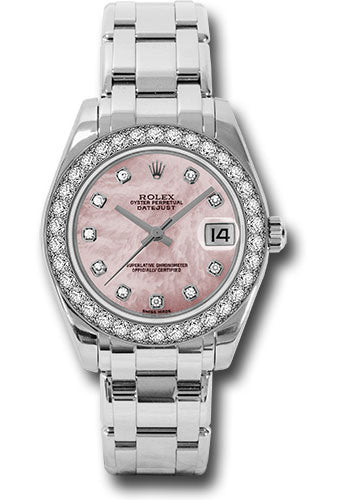 Rolex White Gold Datejust Pearlmaster 34 Watch - 34 Diamond Bezel - Pink Mother-Of-Pearl Diamond Dial - 81299 pmd