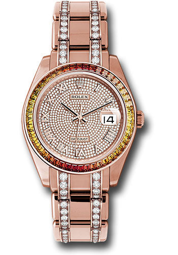 Rolex Everose Gold Datejust Pearlmaster 39 Watch - 48 Orange To Yellow Gradient Baguette-Cut Sapphires Bezel - 18K Everose Gold Diamond Paved Dial - 86345SAJOR dpdb