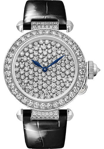 Cartier Pasha de Cartier Watch - 35 mm White Gold Case - 228 Diamond Bezel - White Gold Diamond Dial - Black Leather Strap - HPI01450