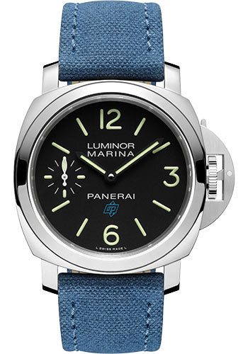 Panerai Luminor Logo - 44mm - Brushed Steel - Black Dial - Blue Canvas Strap - PAM00777 - Wrist NYC