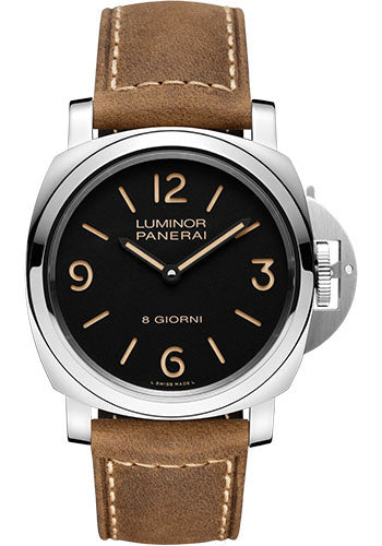 Panerai Luminor Base - 44mm - Polished Steel - Black Dial - Dark Brown Scamosciato Strap - PAM00914 - Wrist NYC