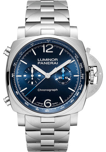 Panerai Luminor Chrono - 44mm Brushed Steel Case - Blue Sun-Brushed Dial - PAM01110 - Wrist NYC