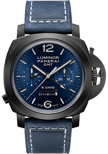 Panerai Luminor Chrono Monopulsante 8 Giorni GMT Blu Notte - 44mm Black Ceramic Case - Blue Sun-Brushed Dial - PAM01135 - Wrist NYC