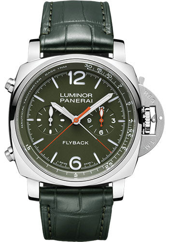 Panerai Luminor Chrono Flyback Verde Militare - 44mm Polished Steel Case - Green Dial - PAM01296 - Wrist NYC