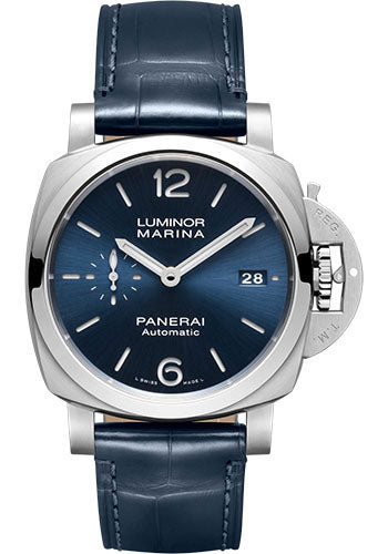 Panerai Luminor Marina - 42mm Brushed Steel Case - Blue Sun-Brushed Dial - PAM01393 - Wrist NYC