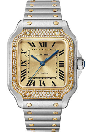 Cartier Santos de Cartier Watch - 35.1 mm Steel Case - 206 Diamond Bezel - Golden Sunray Dial - Bracelet and Second Alligator Leather Strap - W3SA0007