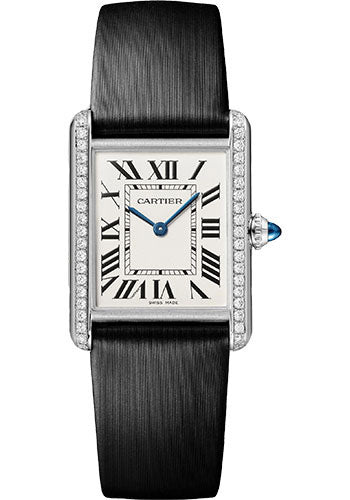 Cartier Tank Must Watch - 33.7 mm x 25.5 mm Steel Case - 42 Diamond Bezel - Silvered Dial - Interchangeable Black Brushed Calfskin Strap - W4TA0017