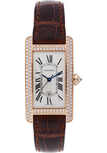 Cartier Tank AmŽricaine Watch - Medium Pink Gold Diamond Case - Alligator Strap - WB704751