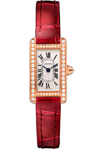 Cartier Tank AmŽricaine Watch - 27 mm Pink Gold Diamond Case - Diamond Bezel - Diamond Dial - Red Strap - WB710014