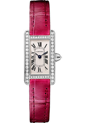 Cartier Tank AmŽricaine Watch - 27 mm White Gold Diamond Case - Diamond Bezel - Diamond Dial - Pink Strap - WB710015